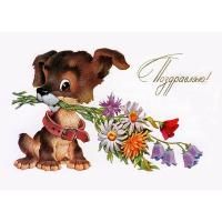 Открытка "Поздравляю! В. Четвериков 1980" собака с цветами