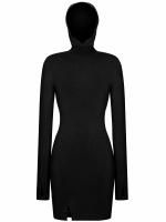 Платье мини вязаное с облегающим капюшоном черное