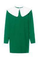 Платье зелёное мини из шерсти с белым хлопковым воротником