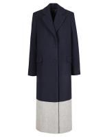 Шерстяное пальто темно-синего цвета и отделкой серой полосой