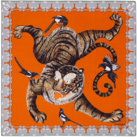 Платок "Тигр и Сороки" шелк на оранжевом фоне