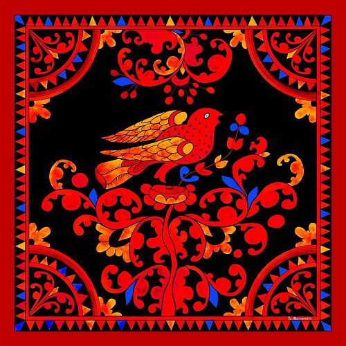Платок "Птица дивная" черный фон, шелк LA MOSCOVITE / ЛЯ МОСКОВИТ