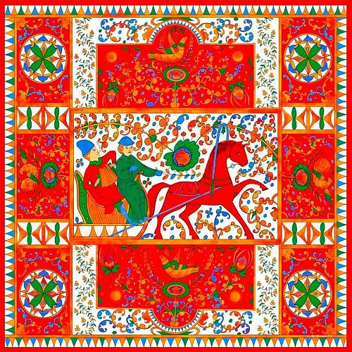 Платок "Сваты" красный фон, шелк LA MOSCOVITE / ЛЯ МОСКОВИТ