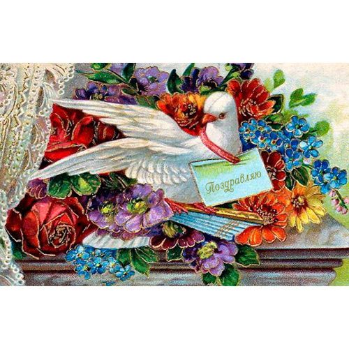 Открытка "Поздравляю" с цветами и голубем РЕТРО-ОТКРЫТКИ