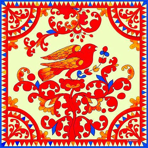 Платок "Птица дивная" белый фон, шелк LA MOSCOVITE / ЛЯ МОСКОВИТ