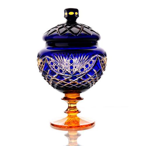 Хрустальная ваза для конфет "Любава" с крышкой янтарно-синяя ГУСЕВСКОЙ ХРУСТАЛЬНЫЙ ЗАВОД