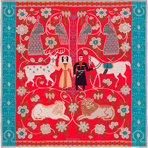 Платок "Свадьба" красный фон, шелк KOKOSHA