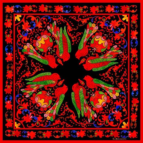 Платок "Птицы-неразлучники" черный фон, шелк LA MOSCOVITE / ЛЯ МОСКОВИТ