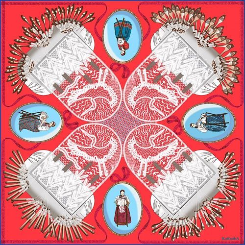 Платок "Кружево" на коралловом фоне, шелк KOKOSHA