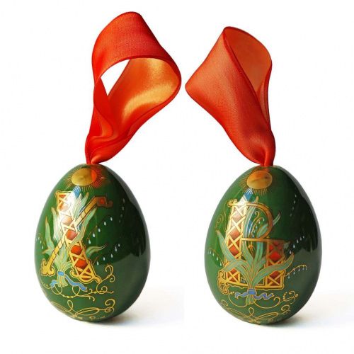 Пасхальное яйцо крупное "ХВ" зеленое с красной лентой KLIMENKOFF