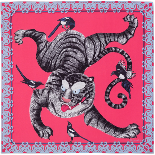 Платок "Тигр и Сороки" на розовом фоне KOKOSHA