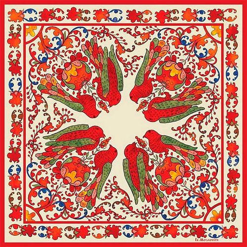 Платок "Птицы-неразлучники" белый фон, шелк LA MOSCOVITE / ЛЯ МОСКОВИТ