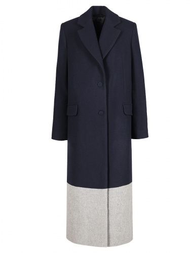 Шерстяное пальто темно-синего цвета и отделкой серой полосой SANS MERCI