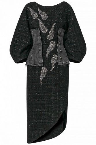 Платье из шерсти и шелка с вышивкой и вставкой из денима черное KOCHETKOVA