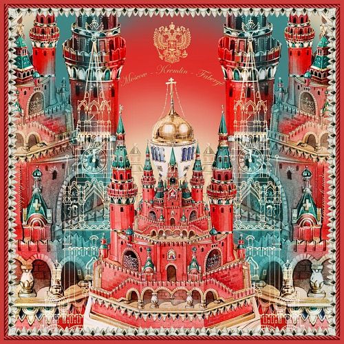 Платок "Кремль - Москва - Фаберже" красный фон, шелк/вискоза РУССКИЕ В МОДЕ ОТ НИНЫ РУЧКИНОЙ
