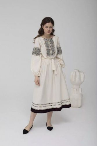 Платье хлопковое с бархатом и ручной вышивкой белое LEVADNAJA DETAILS