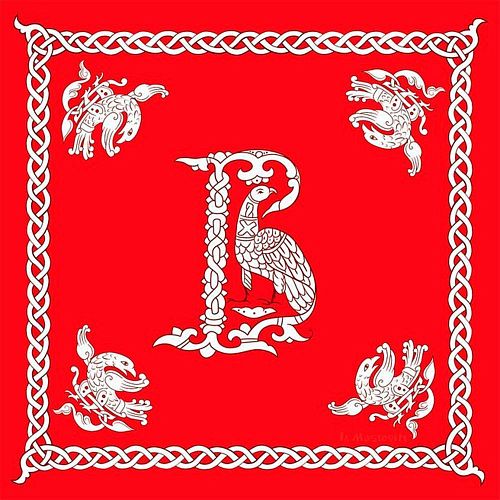платок Русская буквица. звериный стиль. буква В красный фон LA MOSCOVITE / ЛЯ МОСКОВИТ