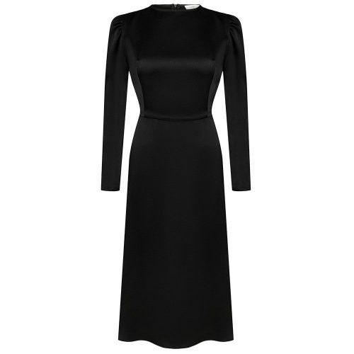 Чёрное платье миди из шёлкового кади с длинными объёмными рукавами-буфами EVGENIA KOLOS